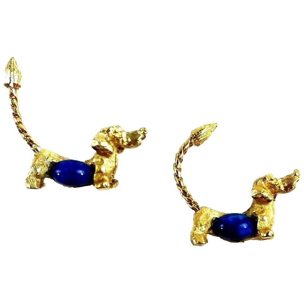 Vintage 1960's Puppy Dog Dachshund Pins Gold Tone w/Blue Azurite Stone Lot of 2